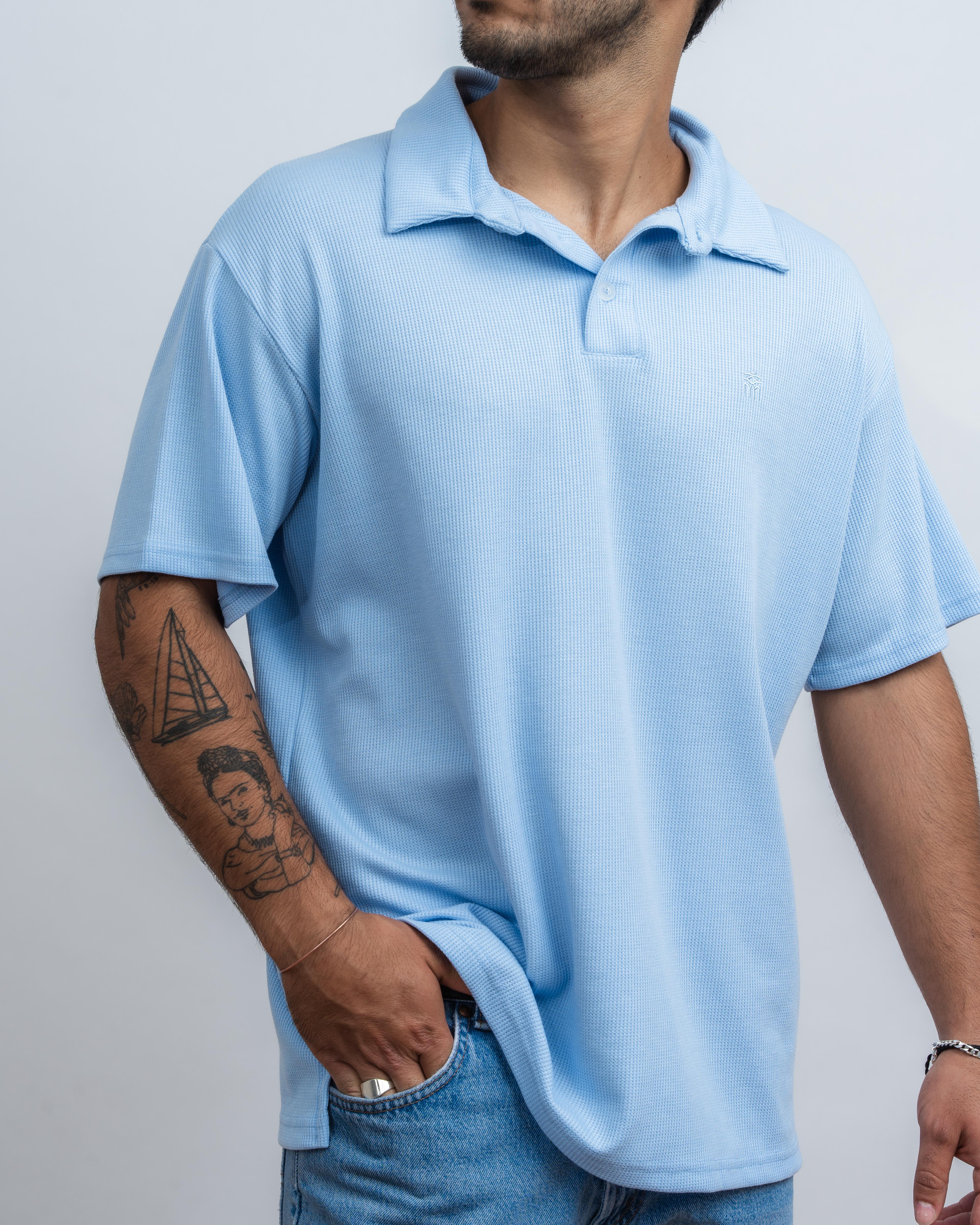 Light Blue Waffle Polo
