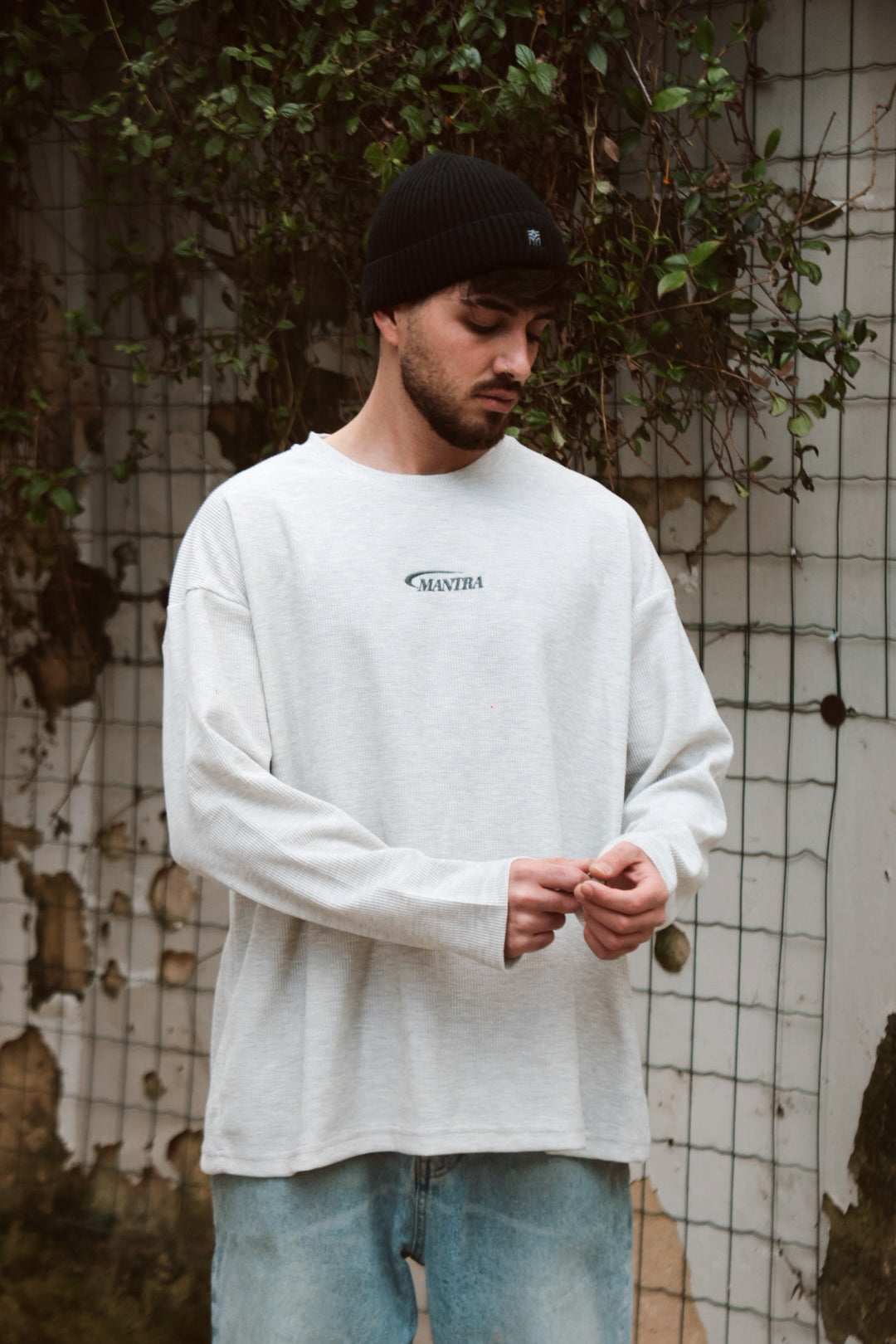 Off White Waffle Oversized Long Sleeve T