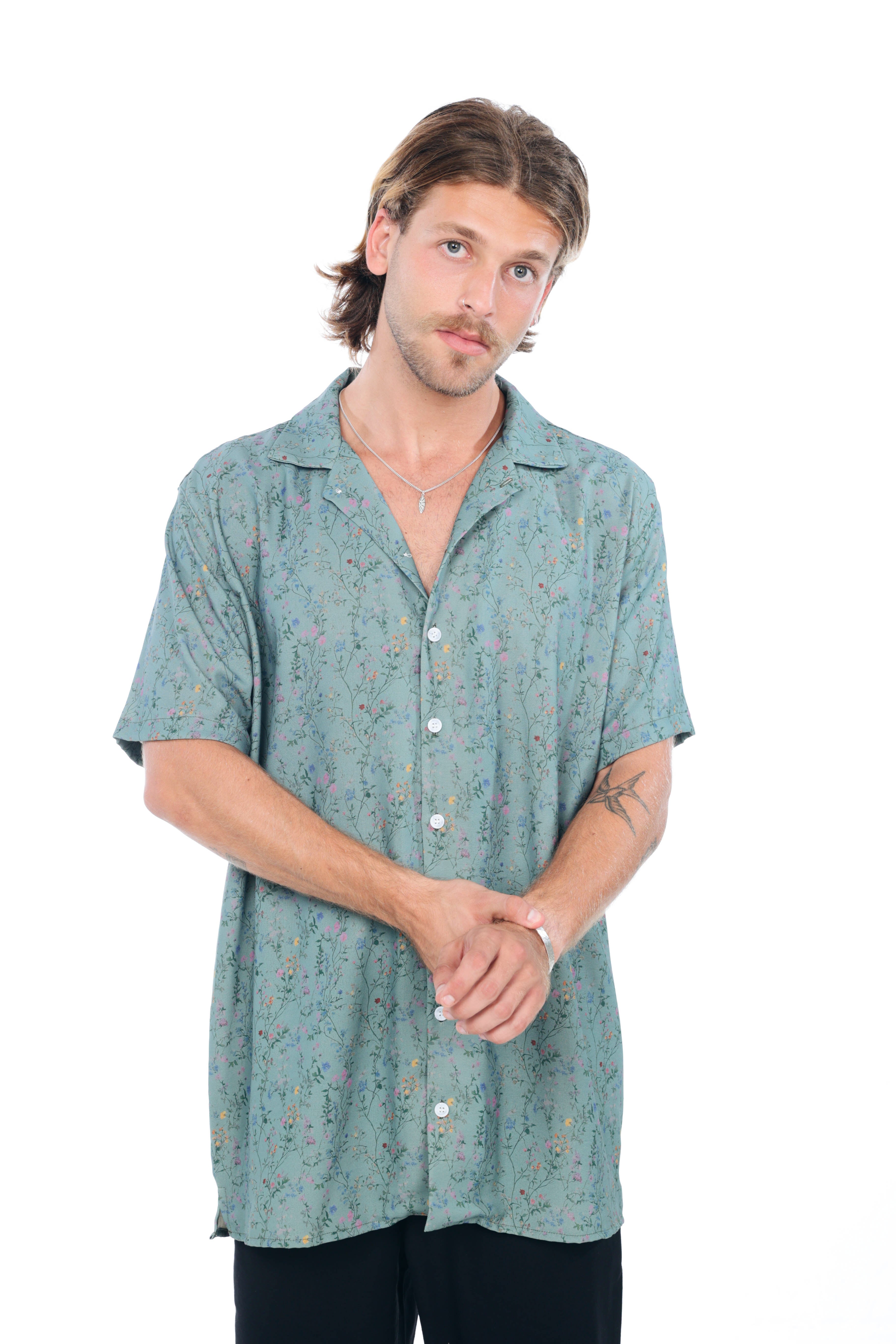 Turquoise Flowers Printed Shirt