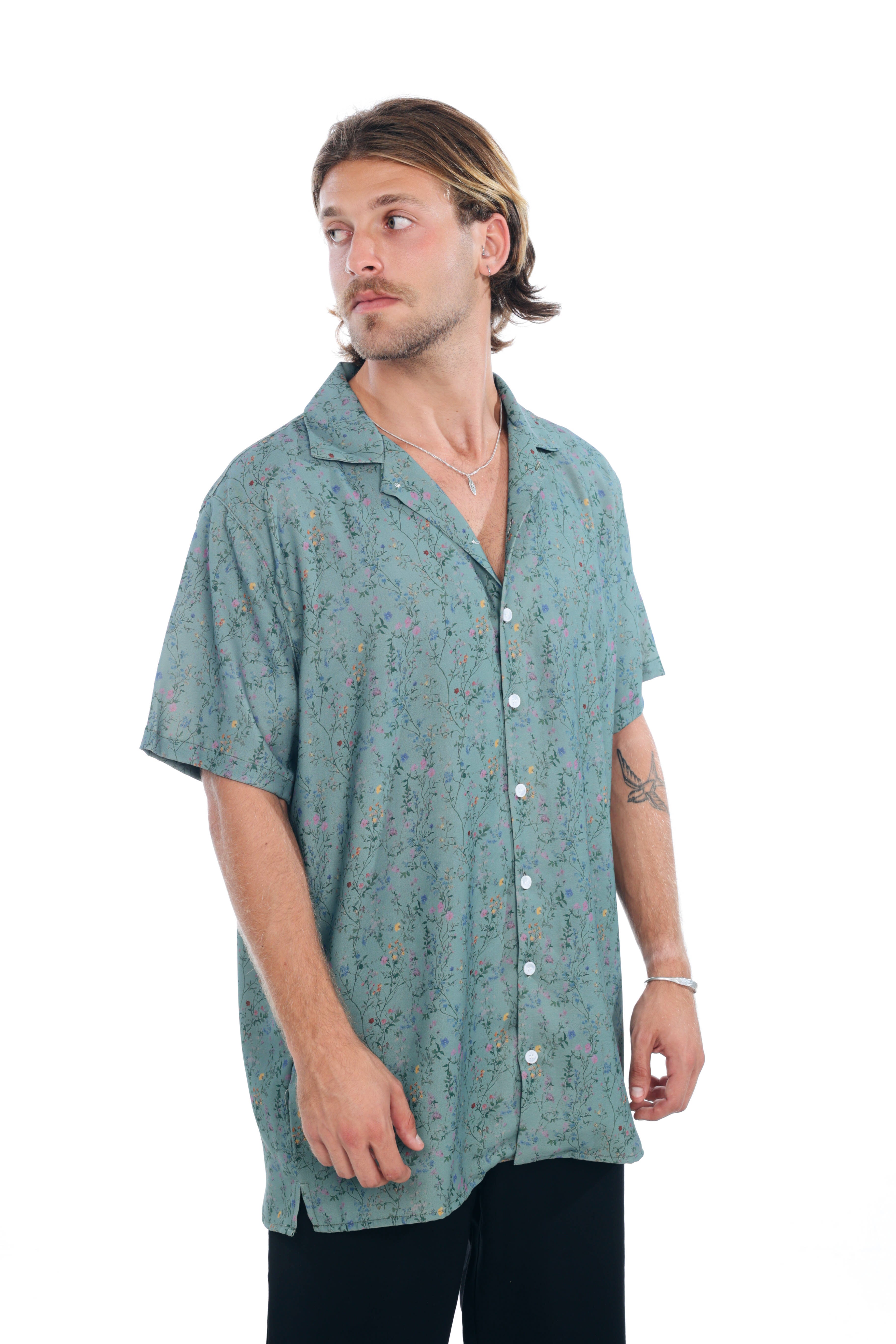 Turquoise Flowers Printed Shirt