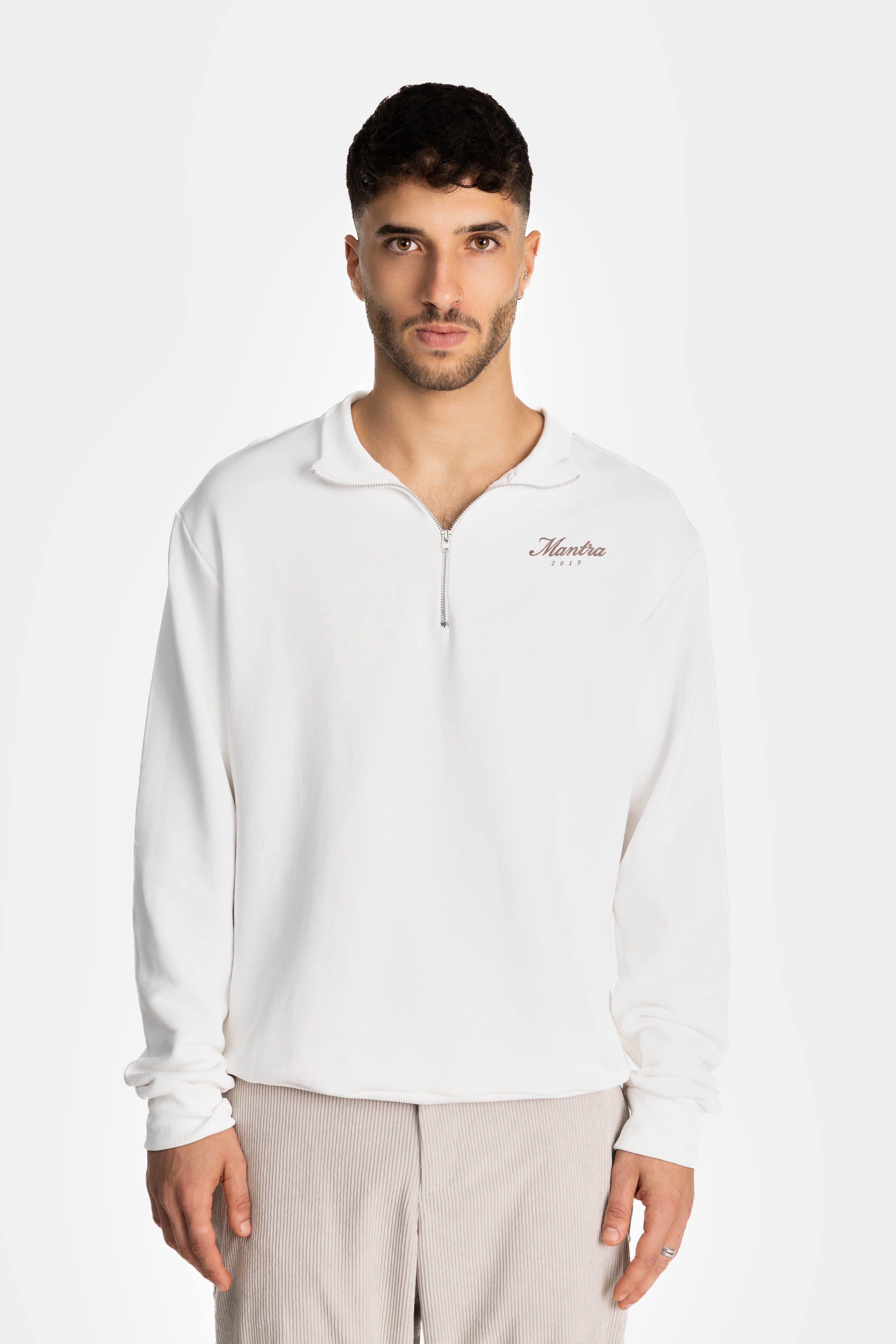 White Fitted Half Zip Sweatshirt