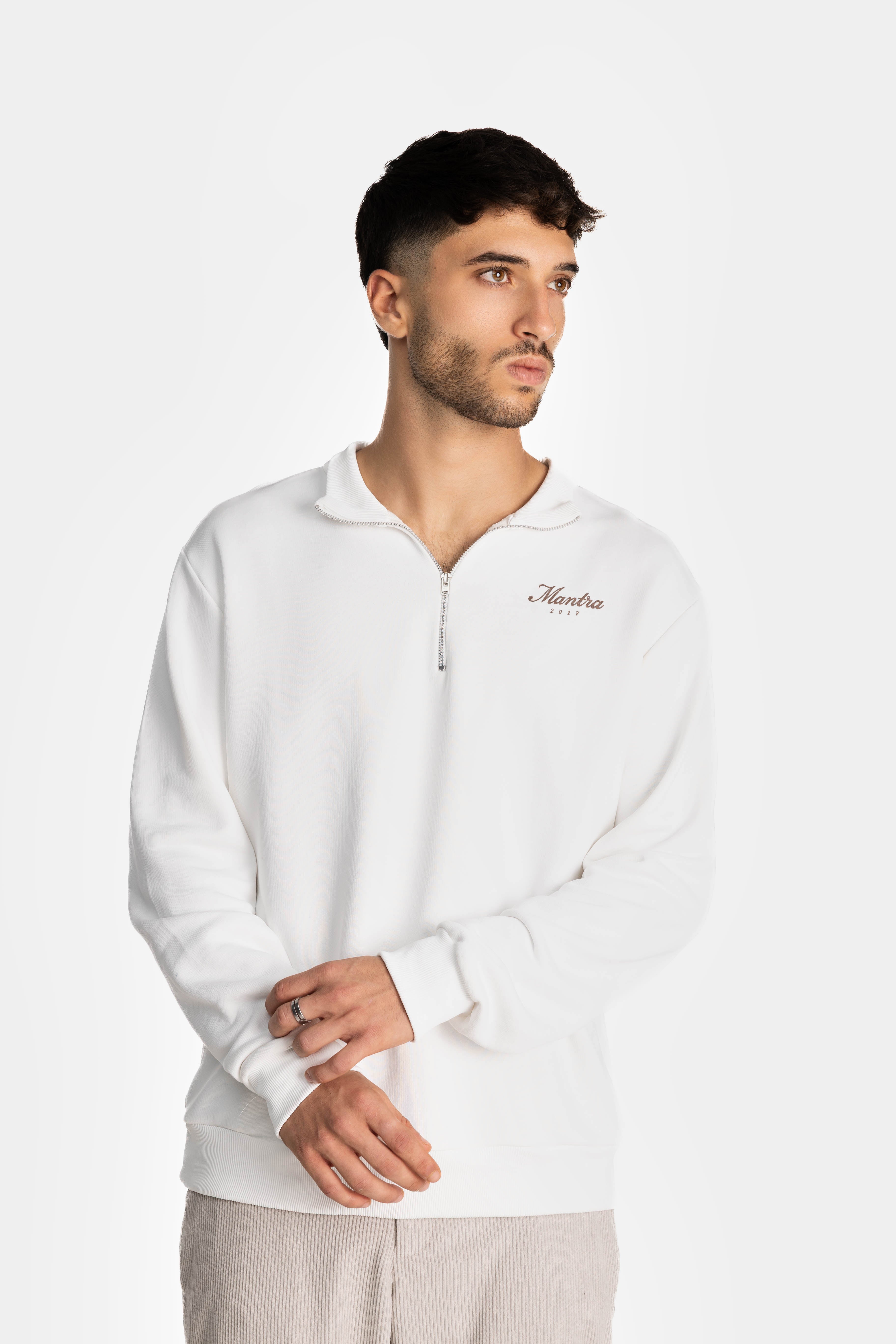 White Fitted Half Zip Sweatshirt
