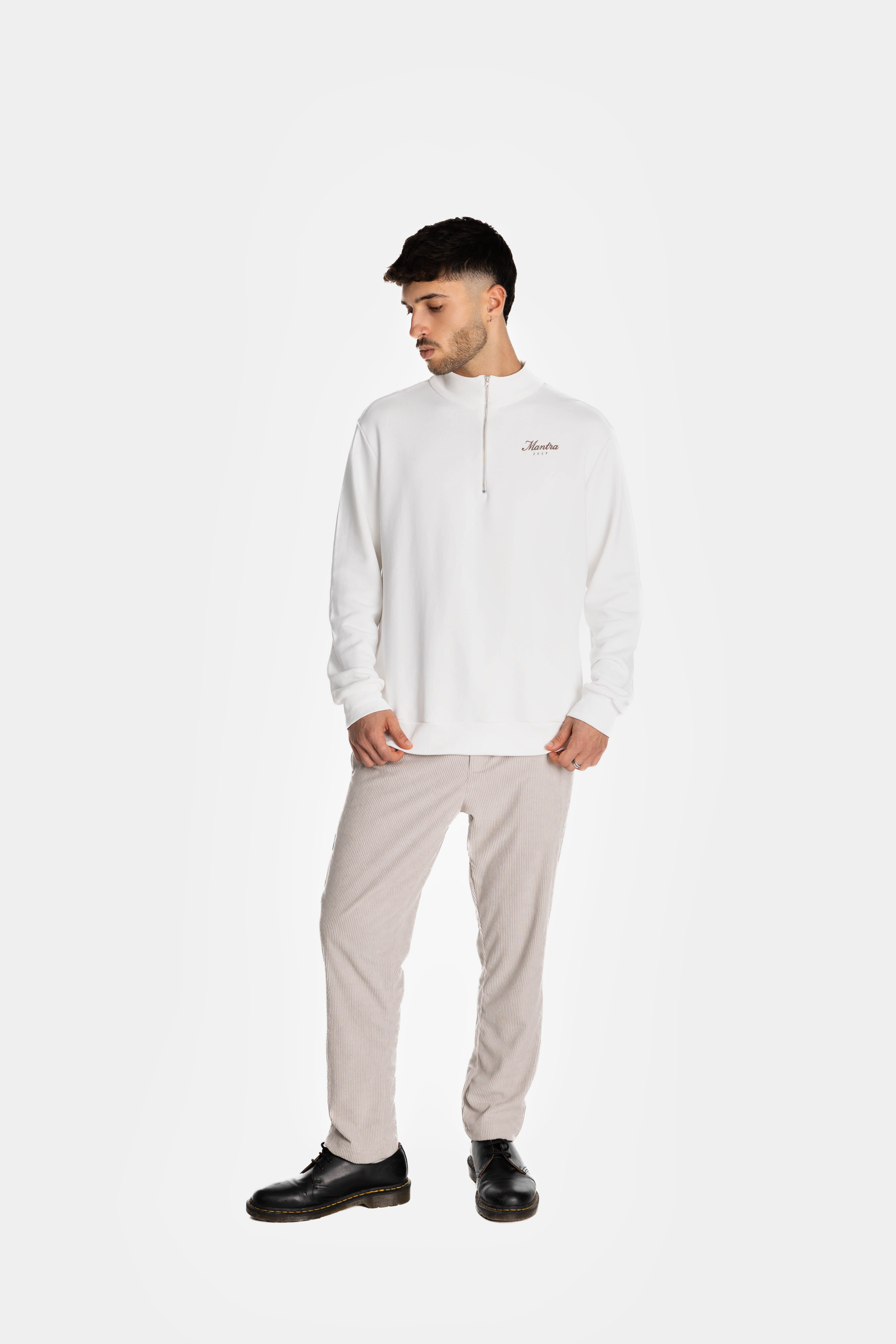 White Fitted Half Zip Sweatshirt