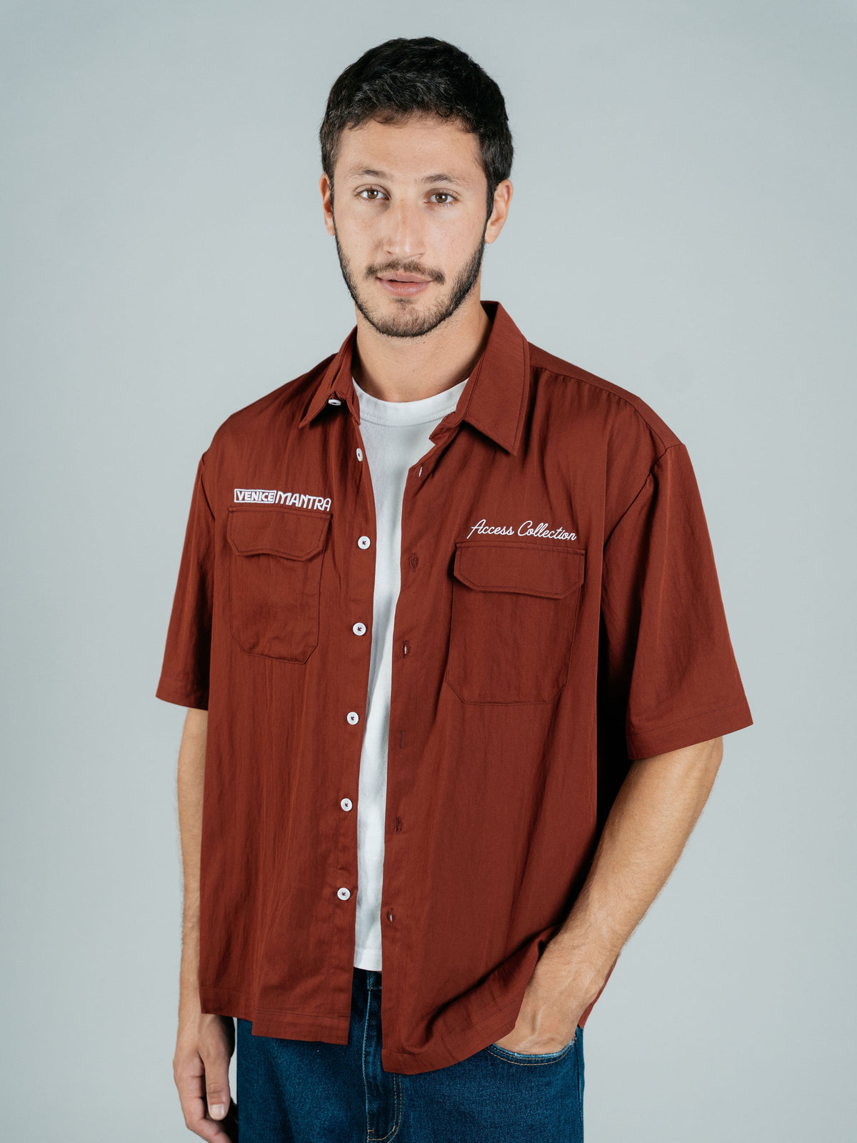 Burgundy Boxy Embroidered Buttoned Shirt