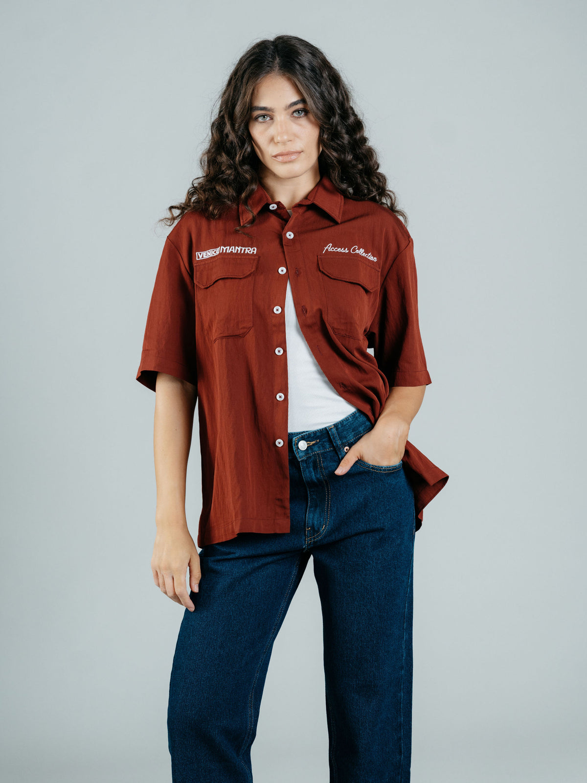 Burgundy Boxy Embroidered Buttoned Shirt