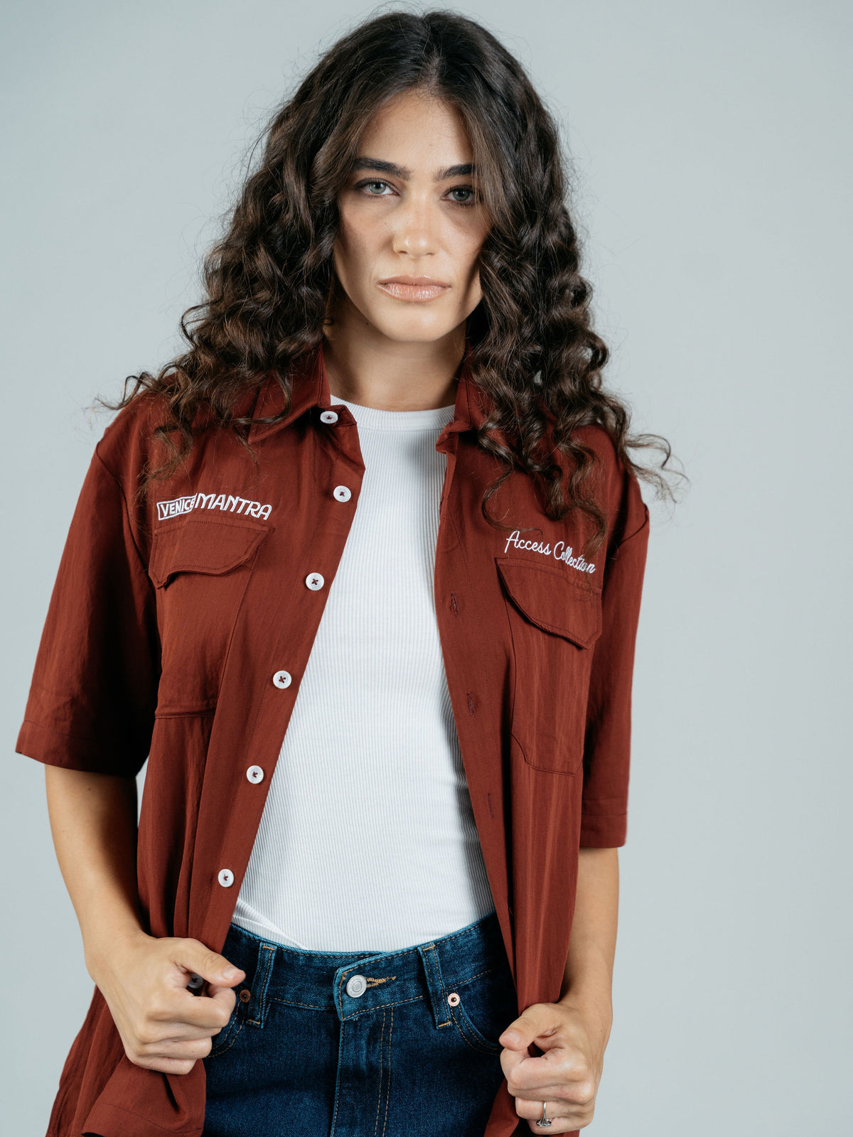 Burgundy Boxy Embroidered Buttoned Shirt